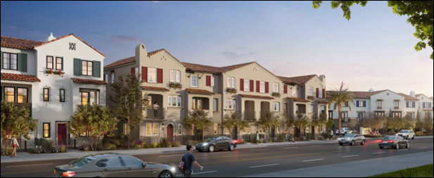 A row of homes known as the Colorado Collection, palm trees line the sidewalk as cars drive down.